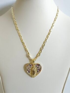 Gold Plated Heart Pendant Necklace with Multi-Colored Stones Religious Medallion